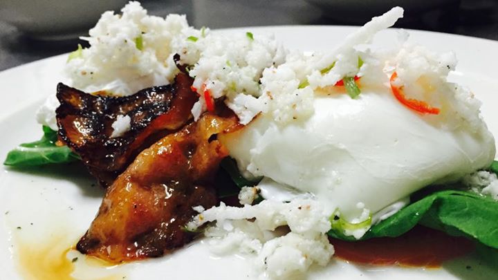 Teriyaki bacon with fresh tomato, rocket, soft poached eggs & coconut sambal