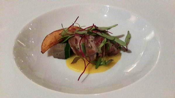 Quail and chicken roulade; with liver and spinach terrine and corn puree 