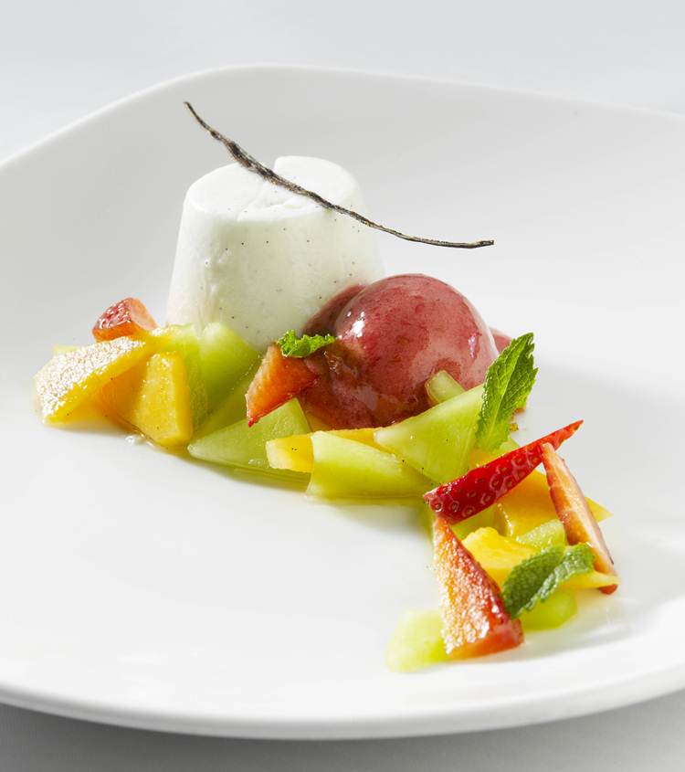 COCONUT PANNA COTTA, PASSION FRUIT JELLY, TROPICAL FRUIT SALAD AND WHITE RUM GRANITA
