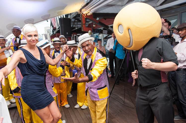 Liezel and Mr. Entertainer dancing with the Minstrils at The Entertainer Cape Town Launch The Entertainer Cape Town Launch