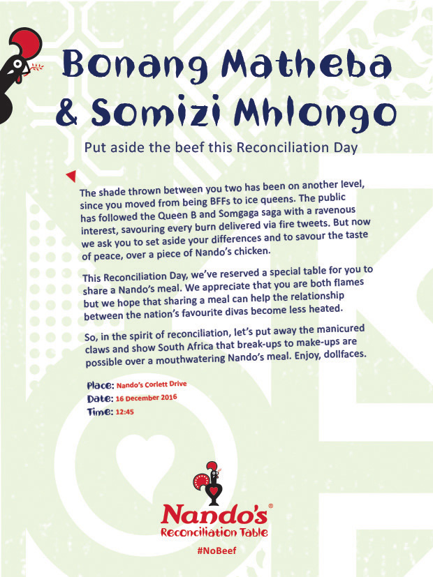Nando's are after Bonang, AKA and Somizi this Reconciliation Day
