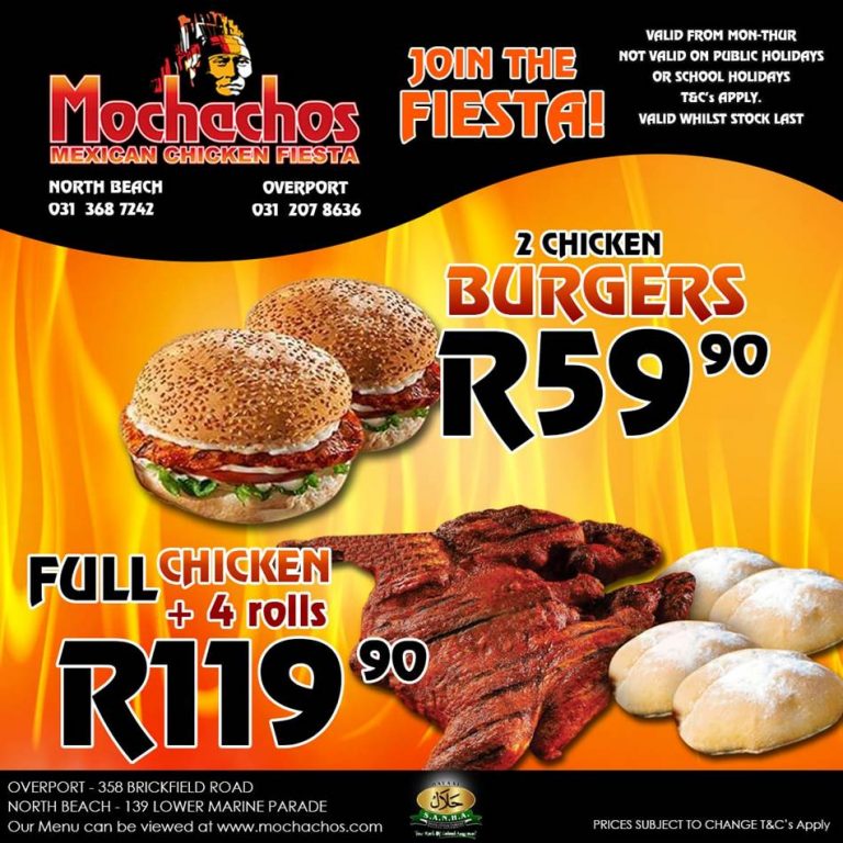 Get 2 Chicken Burgers for R59.90 at Mochachos Overport Durban