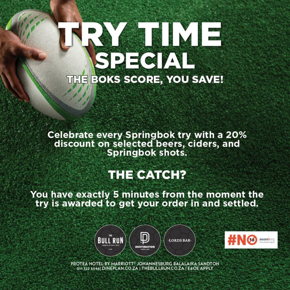 Springbok Score 5 September A Try Time Special at Protea Hotel Balalaika Sandton that rewards every ...