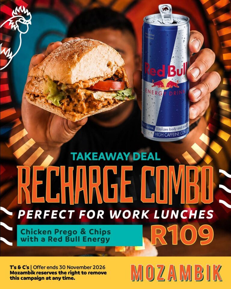 Mozambik Recharge Lunch Combo: Chicken Prego, Chips and Red Bull for ...