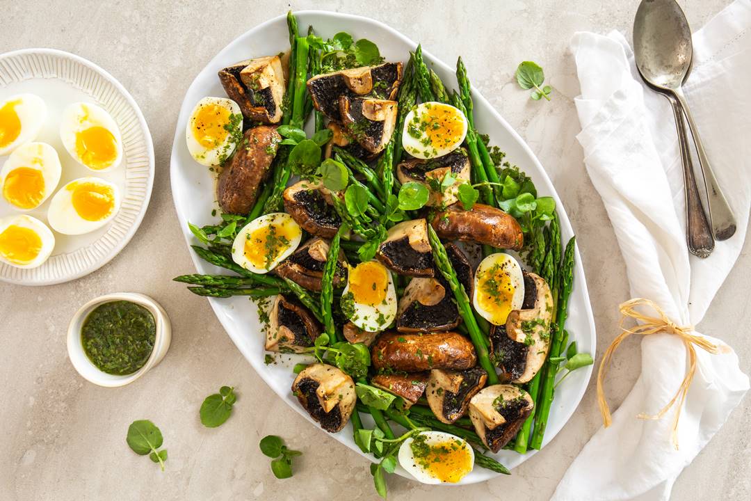 Roasted Mushrooms & Asparagus with Soft Boiled Eggs and Herb Vinaigrette Recipe